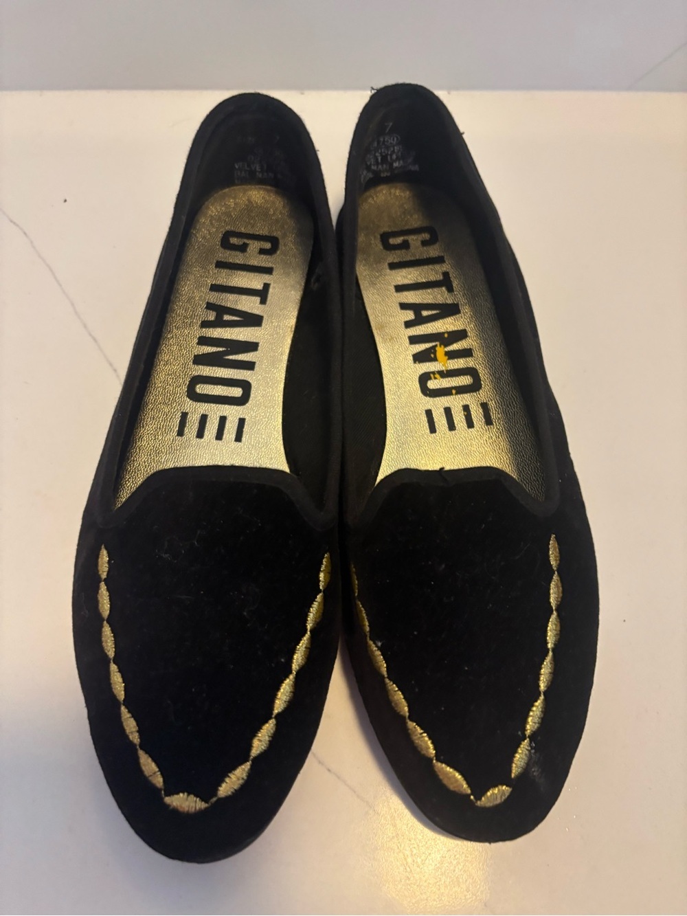 80s Gitano Black Velvet Slip-On Loafers Embroidered Gold Accent